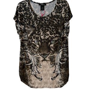 NEW Midnight Velvet Tunic Tiger Animal Print Gems Short Sleeve Stretch Soft Med